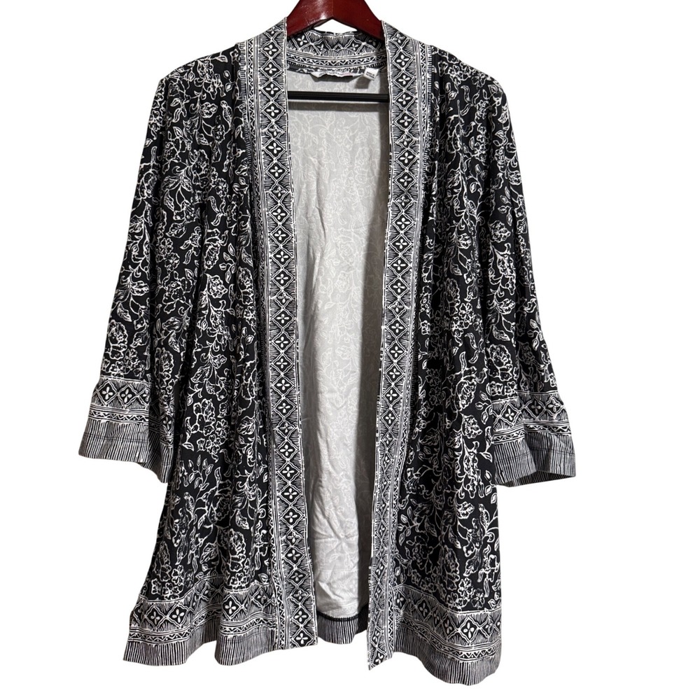 Isaac Mizrahi Live Black White Floral Geometric Open Front Cardigan Pockets L